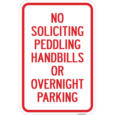 Signmission No Soliciting Peddling Handbills Or Overnight Park Aluminum, 12" x 18", A-1218-24973 A-1218-24973